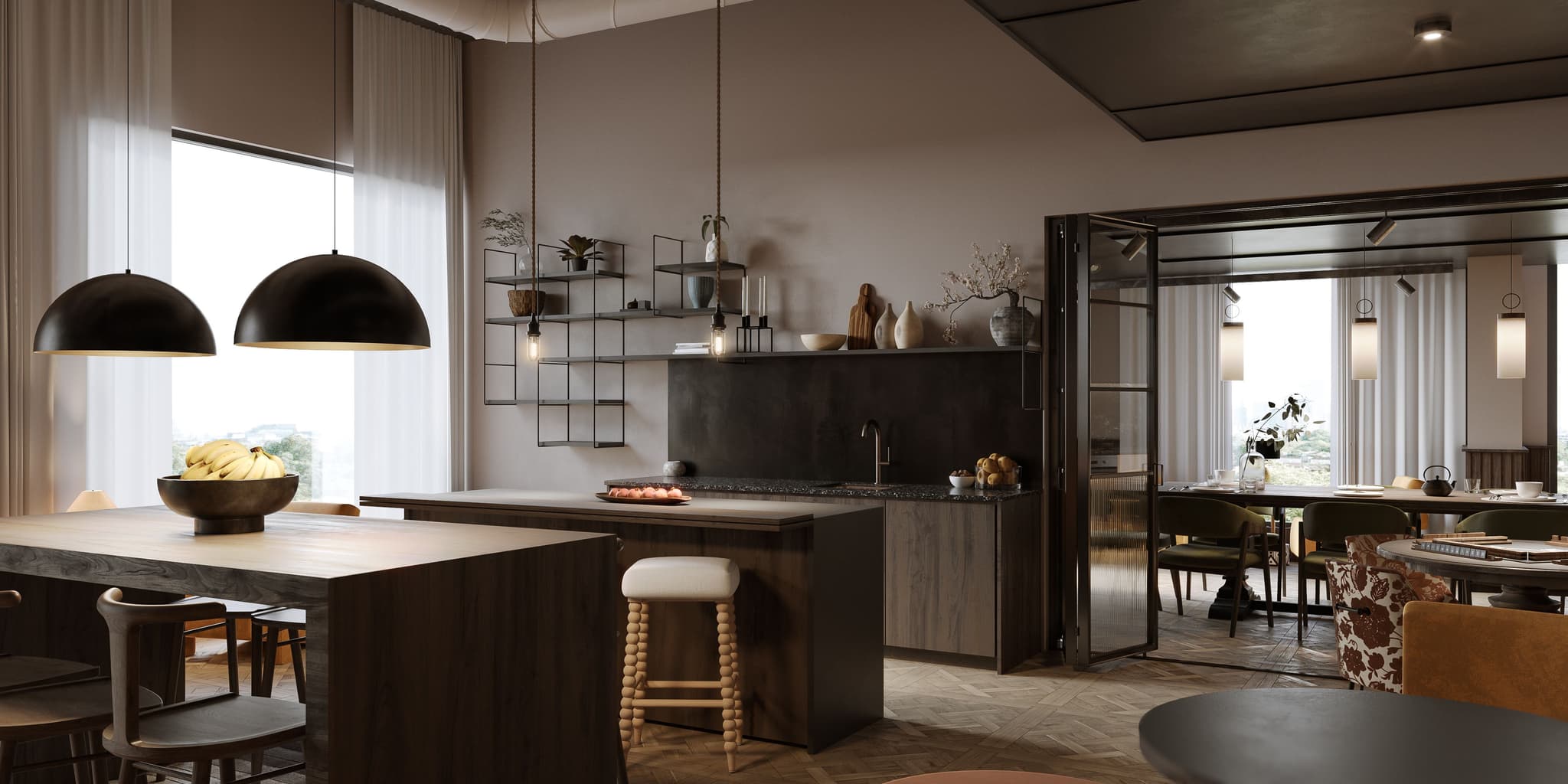Modern kitchen and dry bar with a dark wood island, black dome pendant lights, and an adjacent dining area.