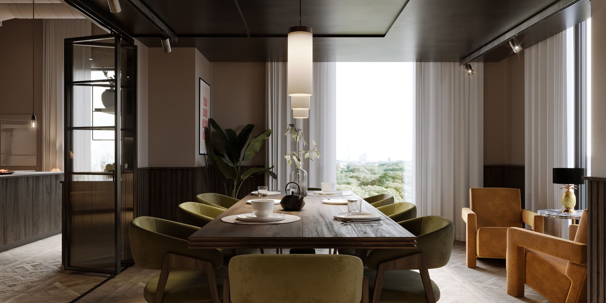 Elegant private dining room with a long wood table, green velvet chairs, and a large window overlooking trees.