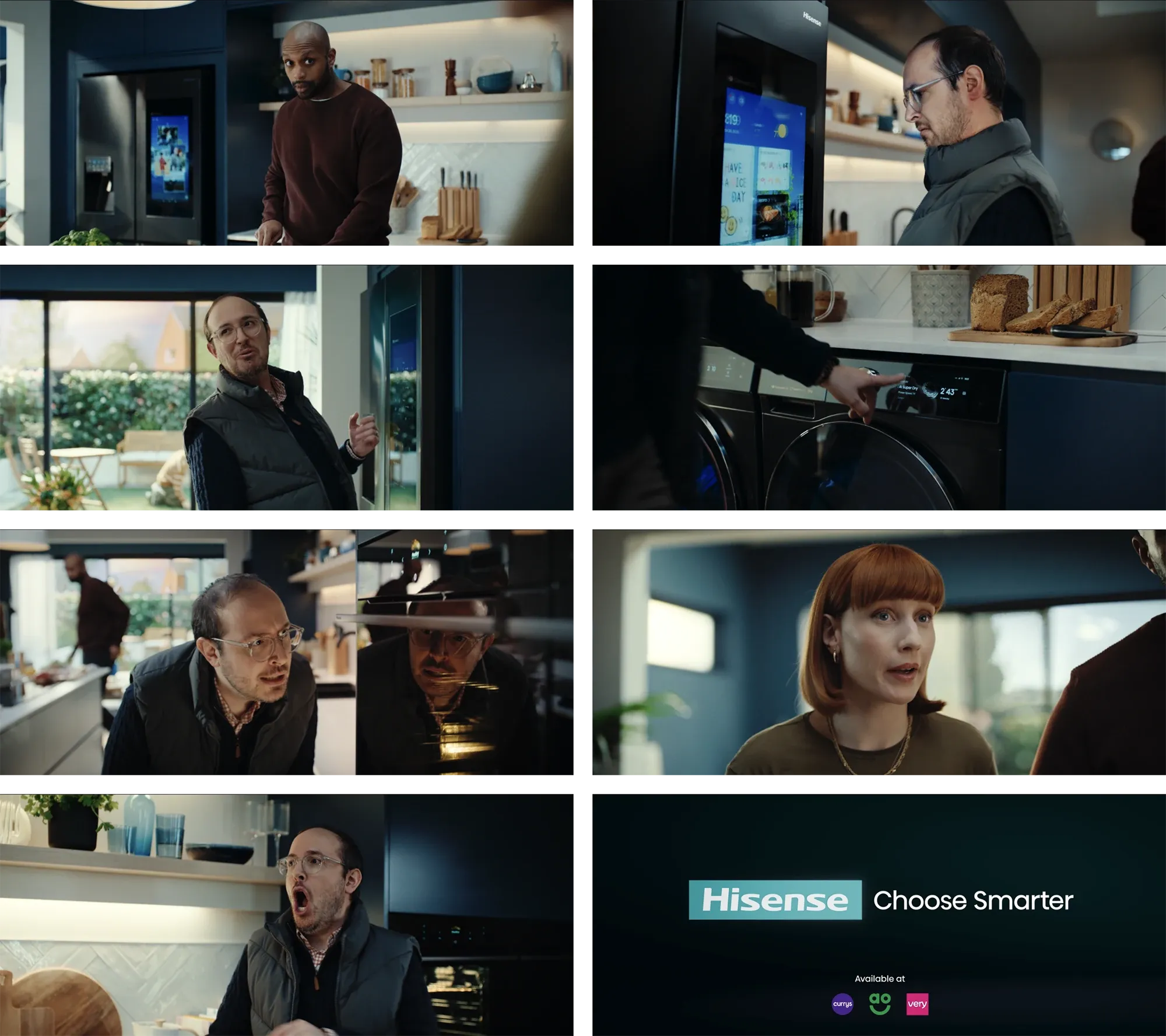 Storyboard grid of a Hisense "Choose Smarter" commercial showing a man impressed by smart kitchen appliances.