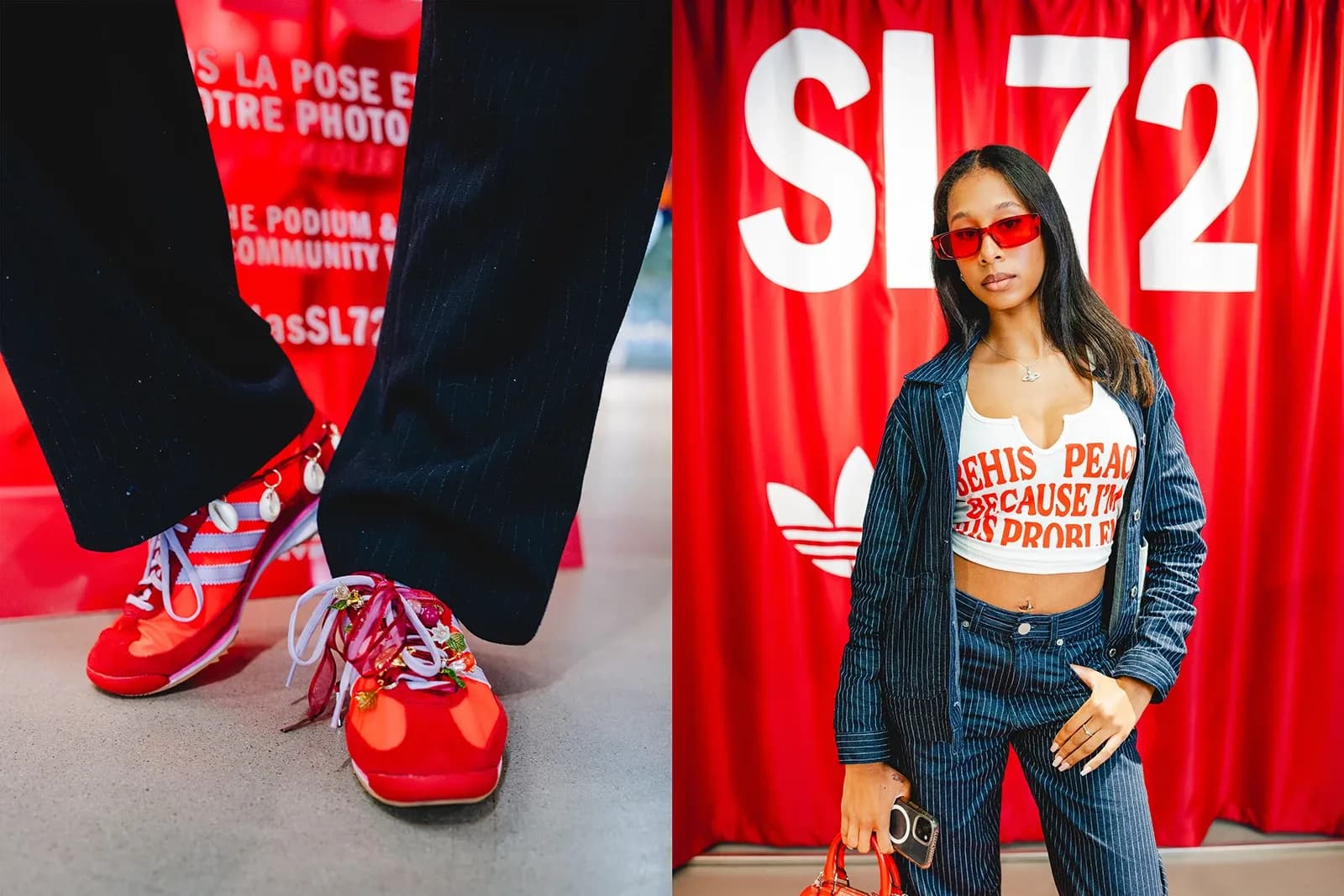 Split view showing customized red SL 72 shoes with shell charms and a woman posing against a red curtain backdrop.