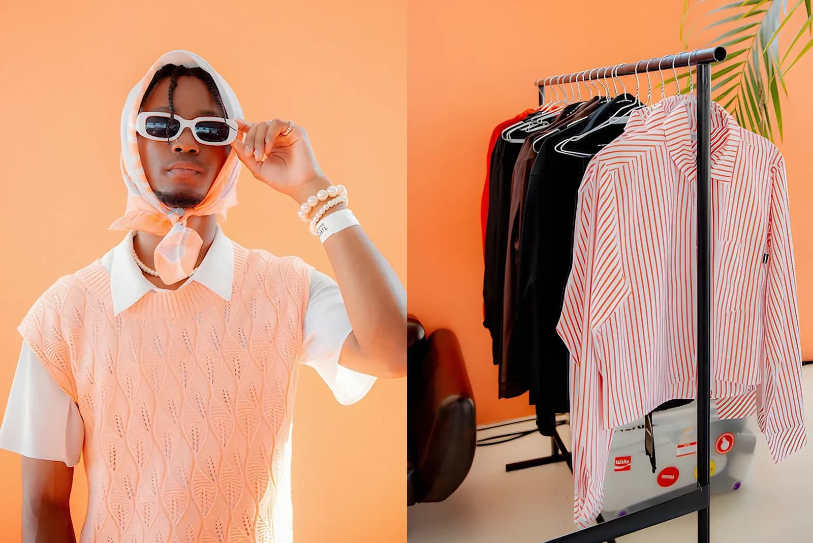 Split view showing a person in a peach vest and headscarf, and a clothing rack with striped shirts on a peach background.