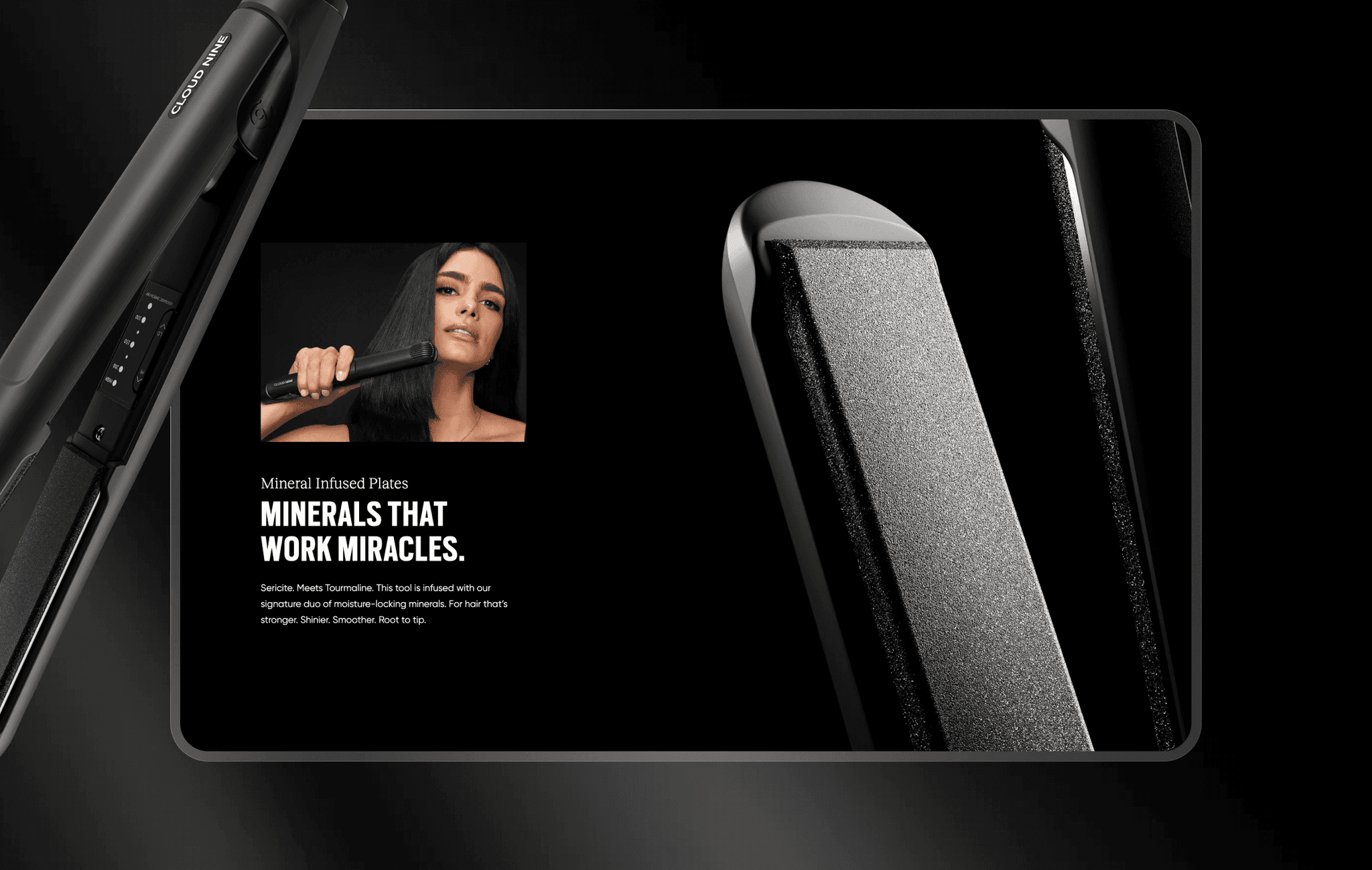 Close-up of a Cloud Nine hair straightener on a digital product landing page.