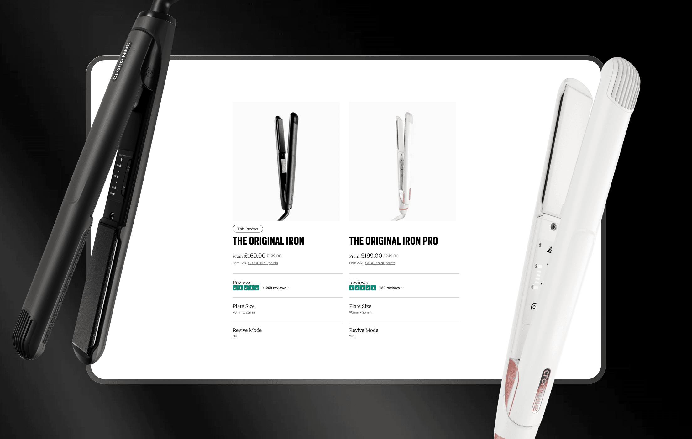 Interactive comparison chart on the Cloud Nine site helping users choose the right styling tool.