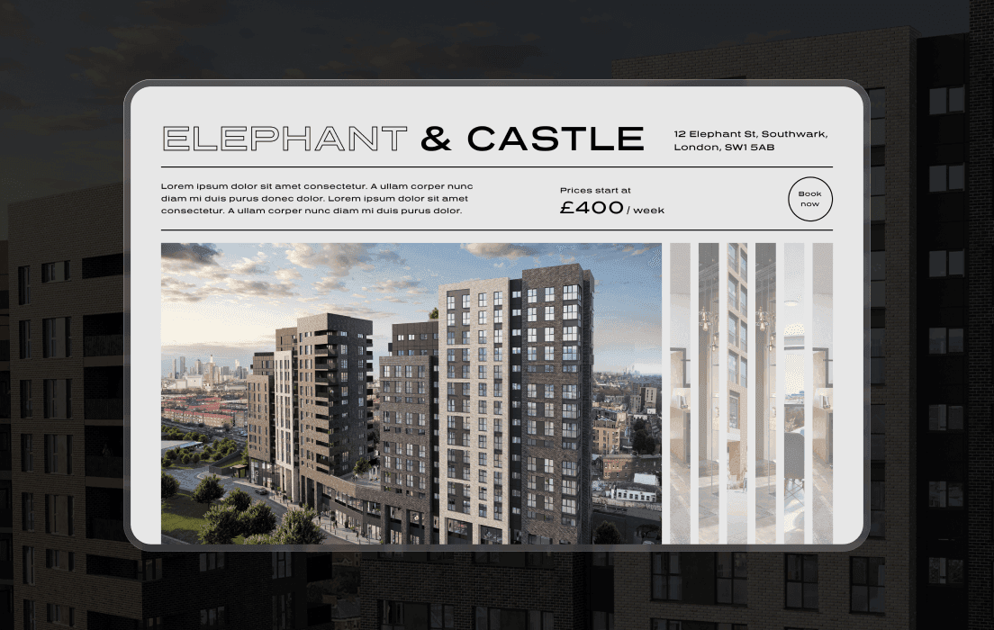 Desktop UI design for Tribe student housing featuring a building render for the Elephant & Castle location.