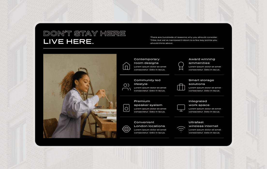 UI design highlighting features of Tribe student living, including contemporary room designs and award-winning amenities.