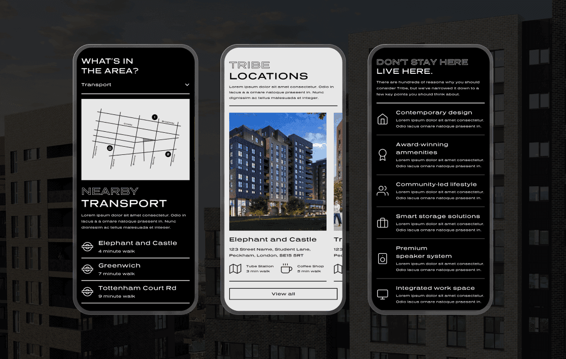 Three mobile UI screens for Tribe showing local transport maps, building locations, and a list of lifestyle amenities.