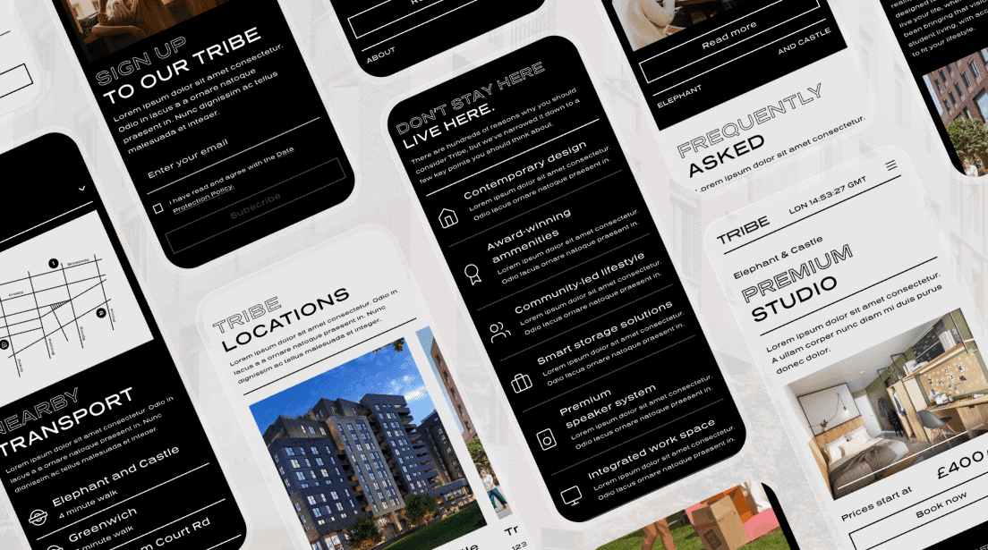 Collage of mobile UI screens for Tribe student accommodation, featuring locations, sign-up forms, and premium studios.