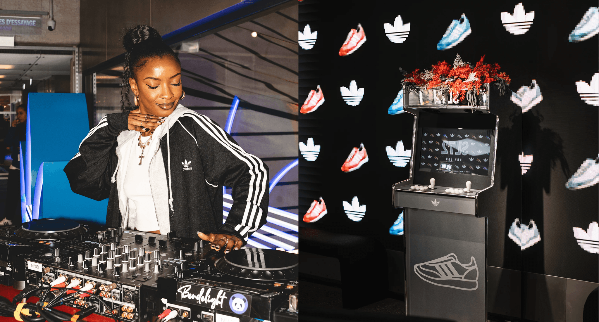 A DJ performing next to a display of Adidas SL72 sneakers at a promotional event.
