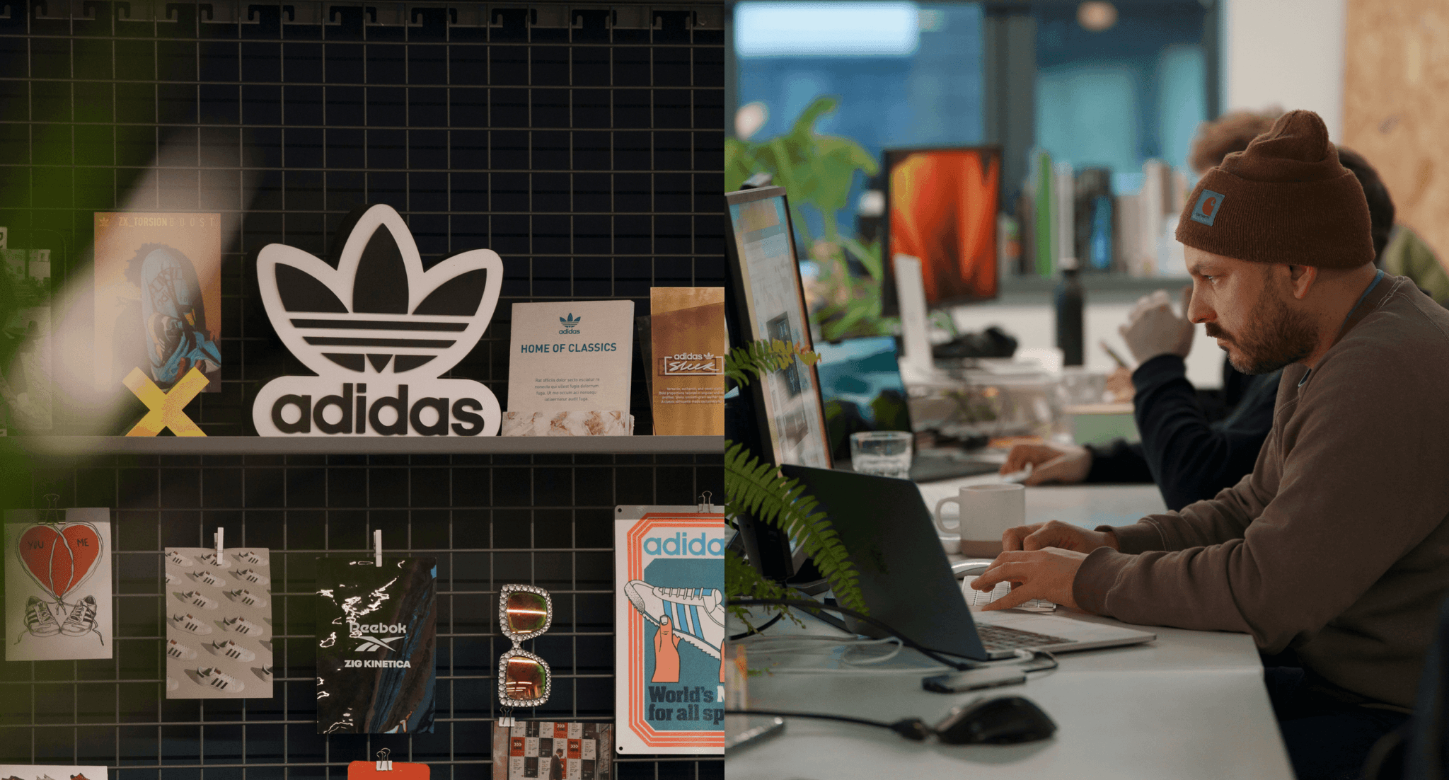 Man working on laptop at a desk in a modern office with Adidas branding on a back wall.