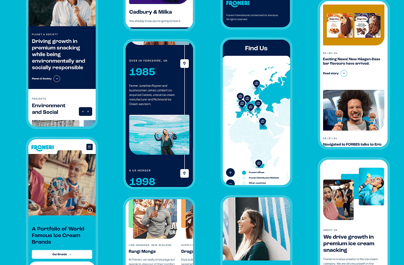 A collection of mobile UI screens showcasing the consistent digital ecosystem across diverse ice cream brands.