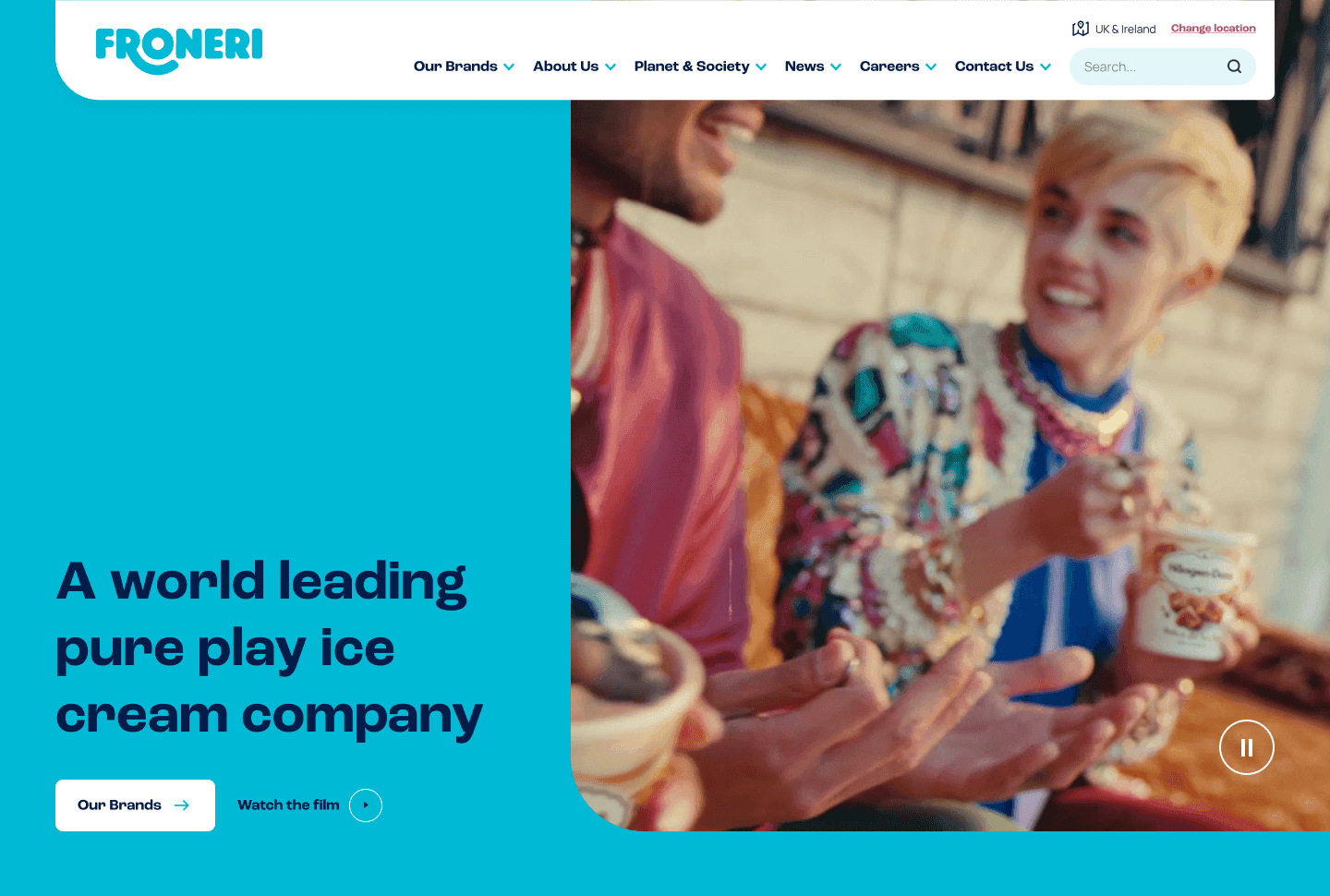 Desktop view of the Froneri homepage featuring a vibrant lifestyle image of people enjoying ice cream.