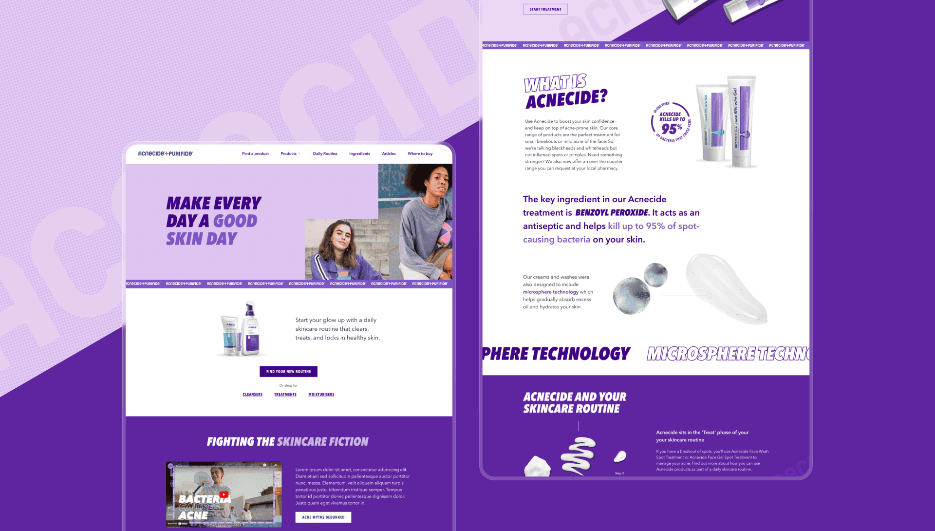 Desktop website mockup for Acnecide and Purifide skincare brand featuring product details and campaign videos.