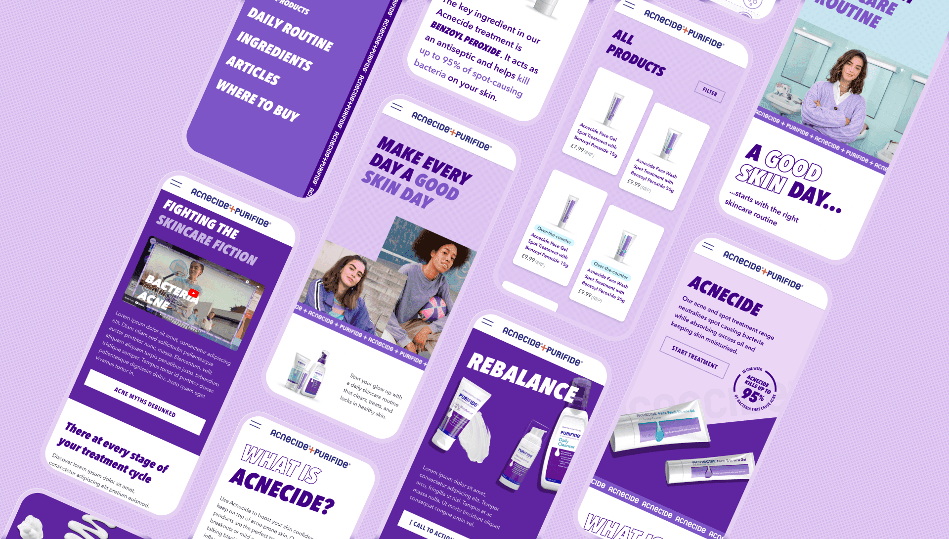 Collage of Acnecide and Purifide mobile website screens displaying skincare products and campaign imagery.