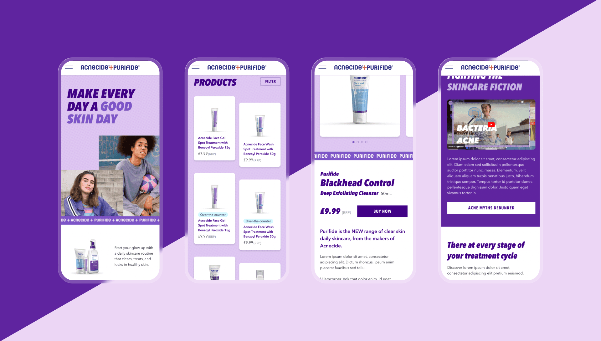 Four mobile website screens for Acnecide and Purifide displaying skincare products, videos, and campaign text.