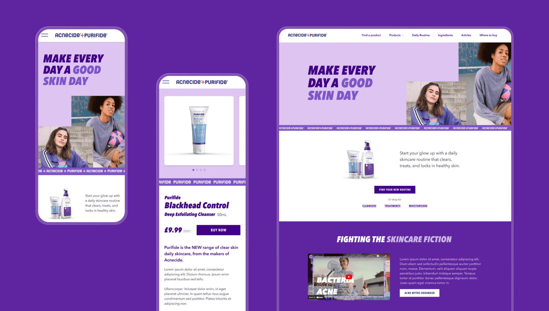 Responsive website design mockup showing mobile and desktop views for Acnecide and Purifide skincare.