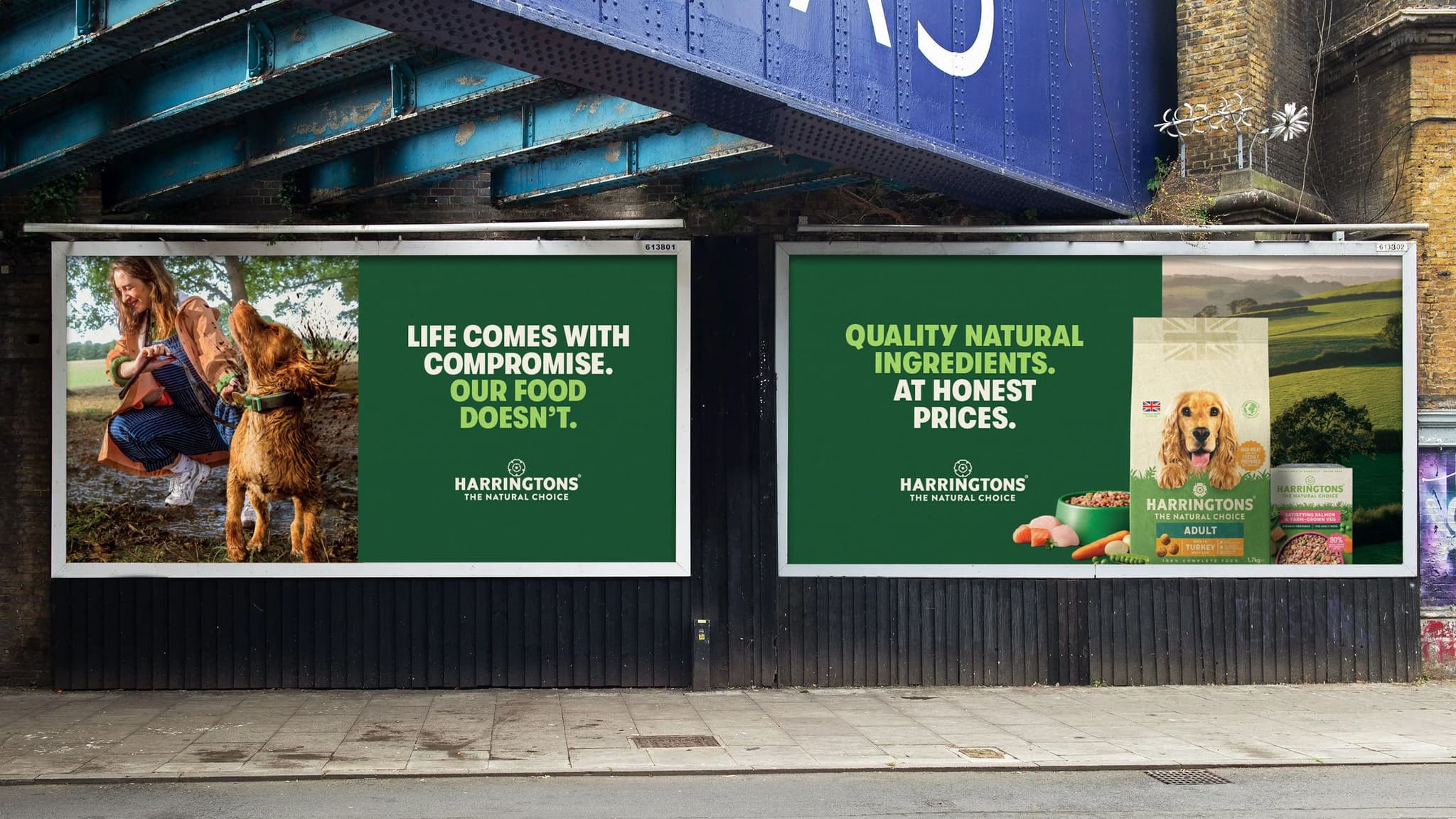Harringtons ad showing a muddy dog shaking off water with the slogan "Life comes with compromise. Our food doesn't."