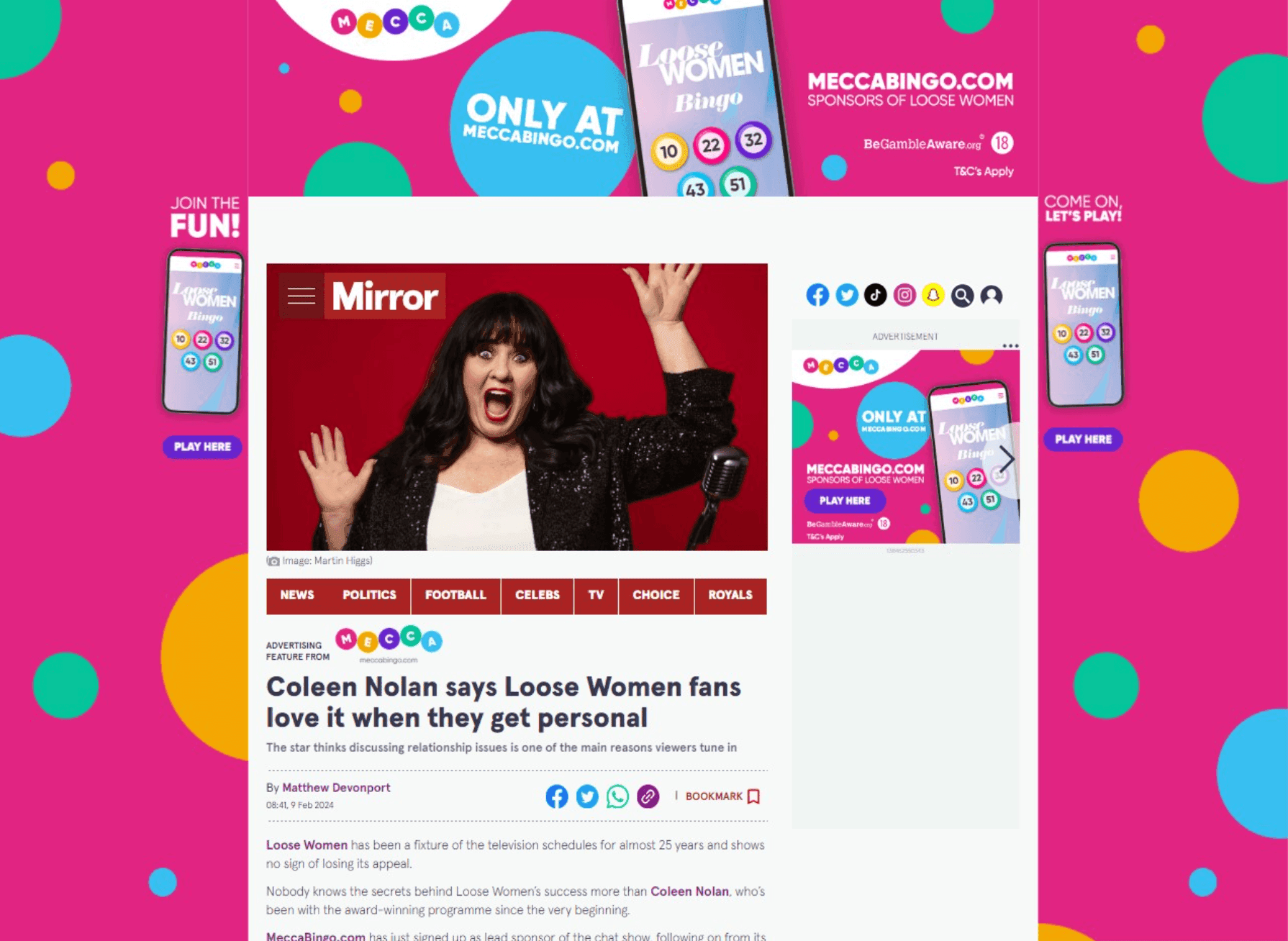 Mecca Bingo advertisement framing a Mirror news article about Coleen Nolan and Loose Women.