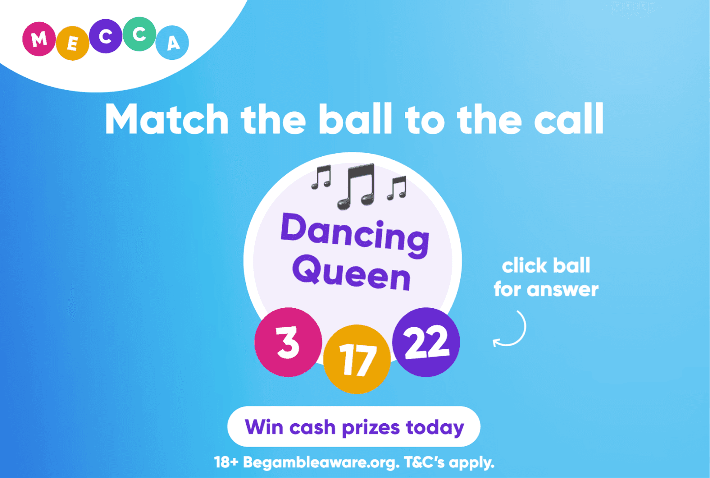 Mecca Bingo "Match the ball to the call" promotional graphic featuring the clue Dancing Queen.