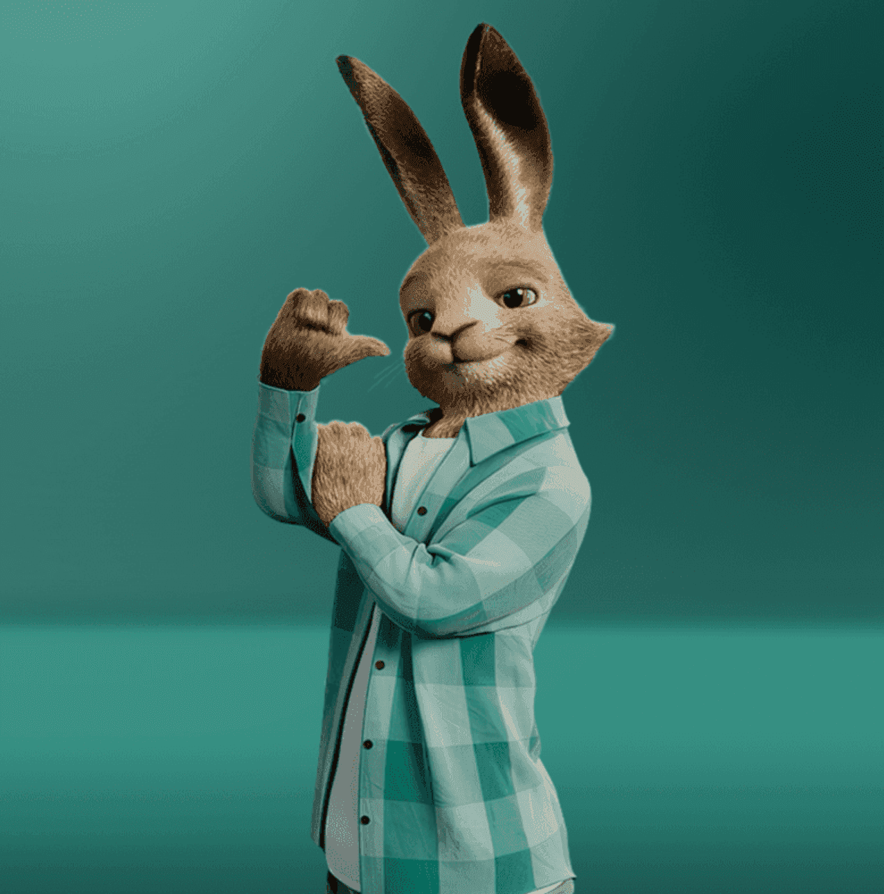 CGI Vaillant hare mascot in a green checked shirt smiling and pointing confidently at himself against a green background.