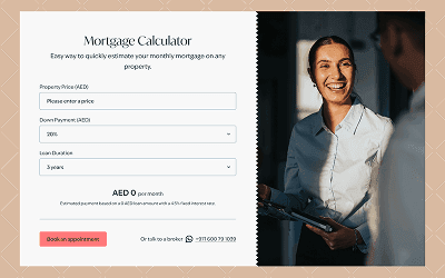 A digital mortgage calculator tool on a real estate website with a smiling professional.