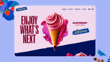 "Enjoy What's Next" promotional banner featuring a close-up of a pink Extreme raspberry ice cream cone.