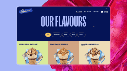 "Our Flavours" website section displaying three Extreme cookie cone ice creams in hazelnut, caramel, and vanilla.