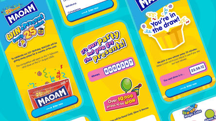 Bright blue and yellow mobile app interface for a Maoam 25th birthday giveaway contest.