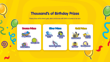Graphic showing Bronze, Silver, and Gold prize tiers for a Maoam birthday sweepstakes.