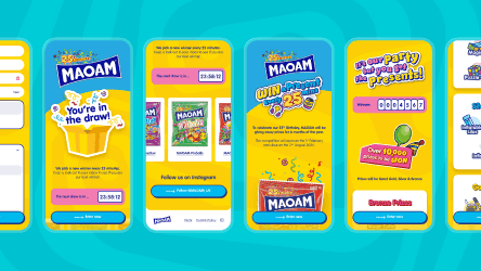 Four mobile phone screens showing different steps of a Maoam branded digital party game.