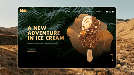 Promotional web banner for Nuii ice cream featuring tropical leaves and the text "A New Adventure in Ice Cream."