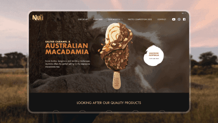 Nuii Australian Macadamia ice cream bar shown on a website with a nature-inspired background.