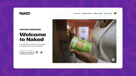 "Welcome to Naked" homepage banner featuring a person holding a green noodle cup.