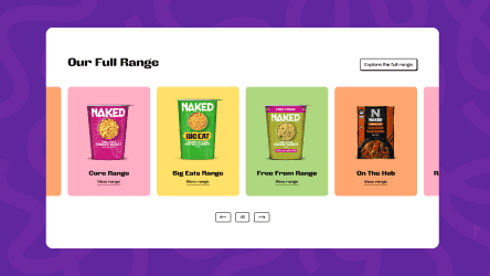 "Our Full Range" section displaying four product categories: Core, Big Eats, Free From, and On The Hob.