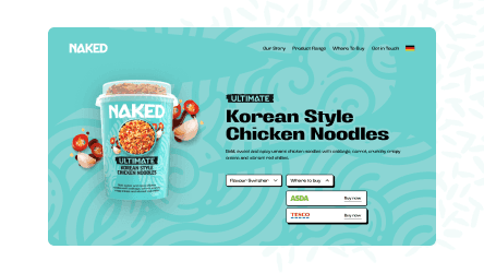 Promotional banner for Naked Ultimate Korean Style Chicken Noodles showing product packaging and ingredients.