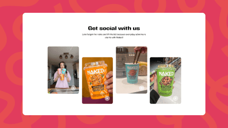 "Get social with us" section displaying a grid of four lifestyle photos featuring noodle products.