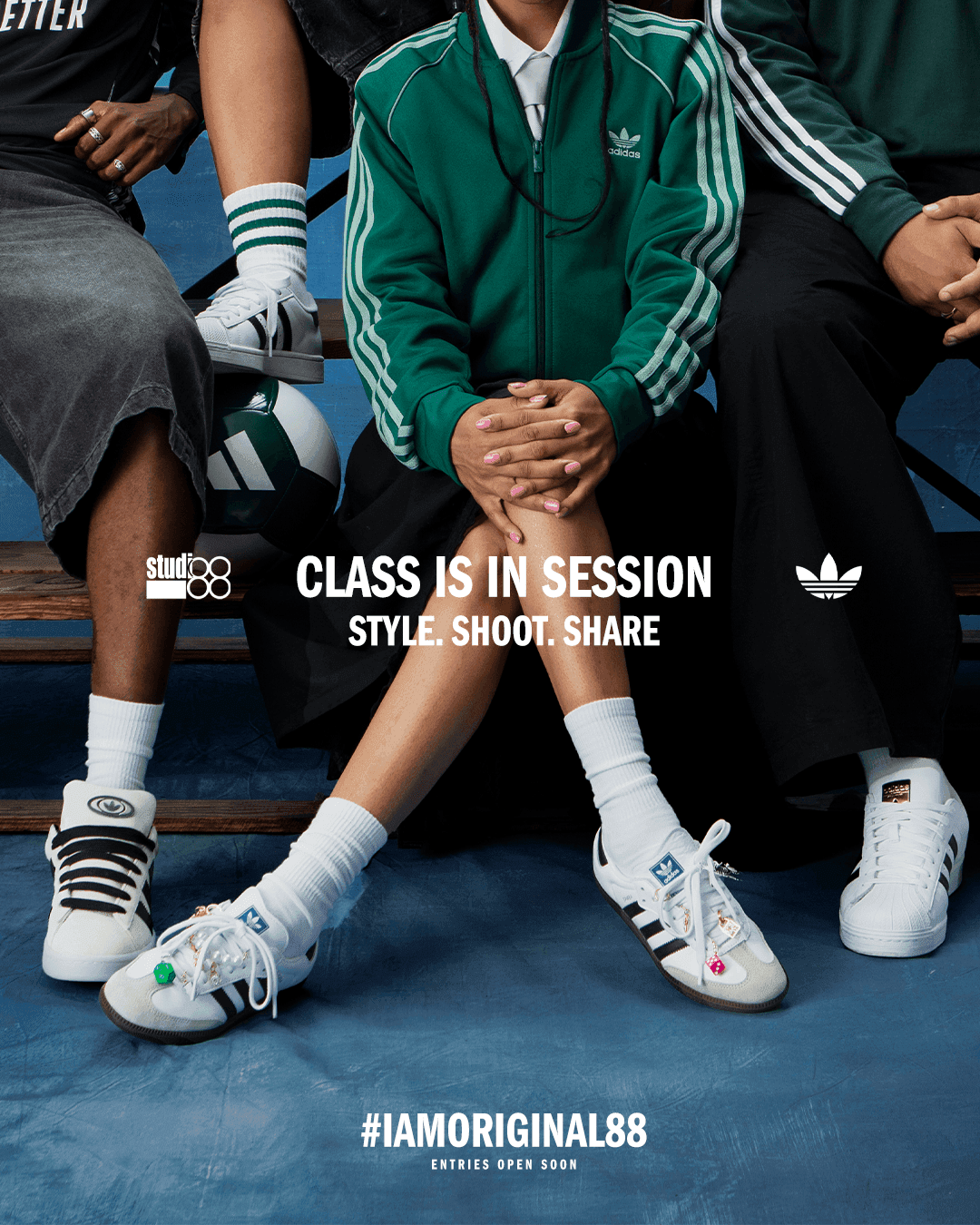 Legs of three people wearing adidas sneakers sitting on bleachers with text "Class is in session" and "#IAMORIGINAL88".