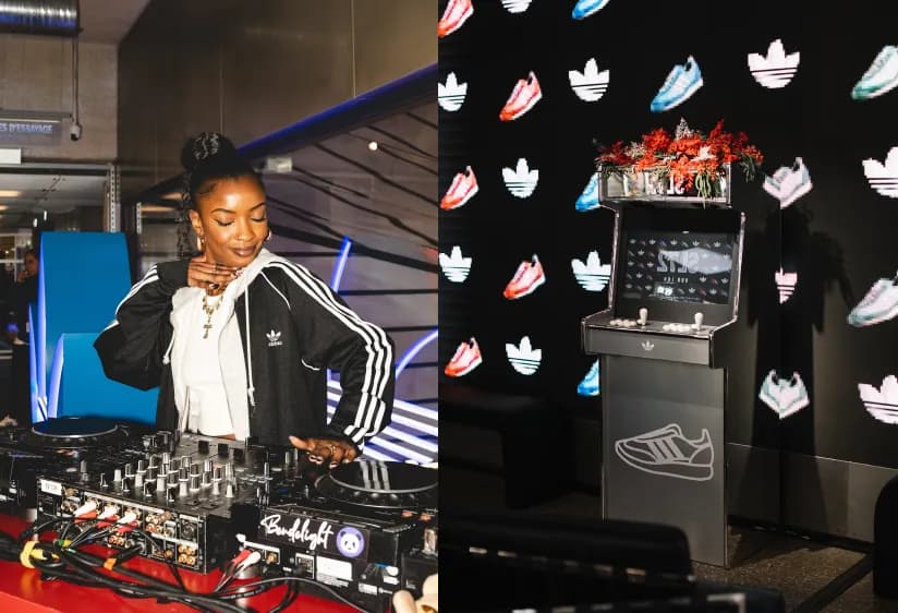 Split view of a female DJ performing at an event and a chrome arcade machine against a digital sneaker wall.