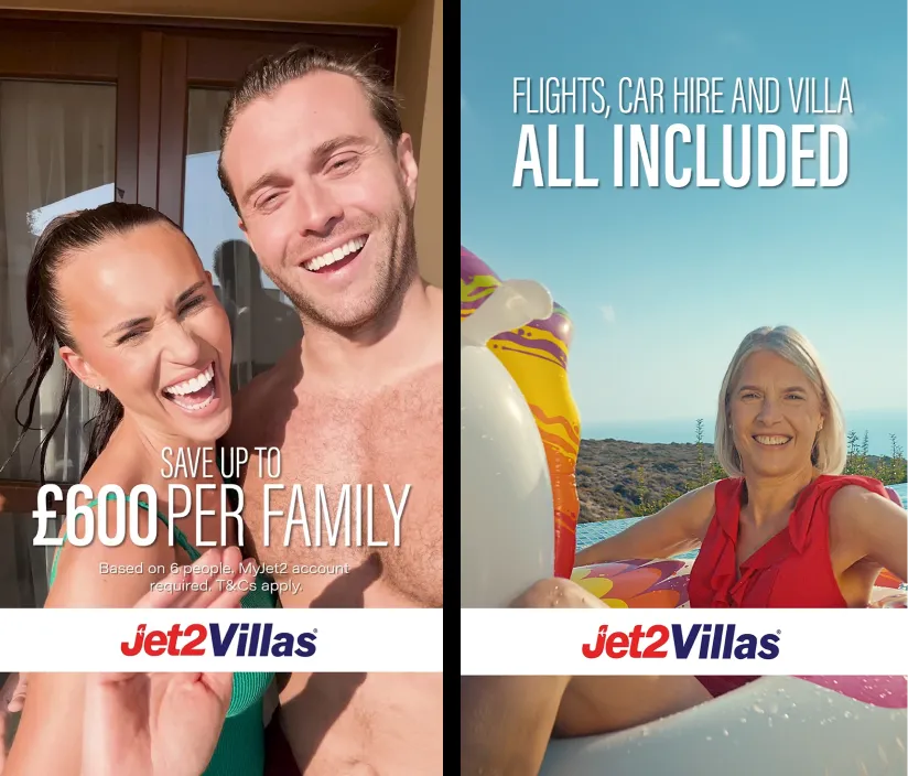 Split-screen ad featuring happy travelers and text offering £600 savings per family on Jet2Villas holidays.