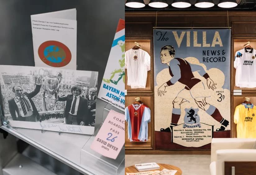 Split view showing a signed 1982 European Cup photo and a "Villa News & Record" wall tapestry display.