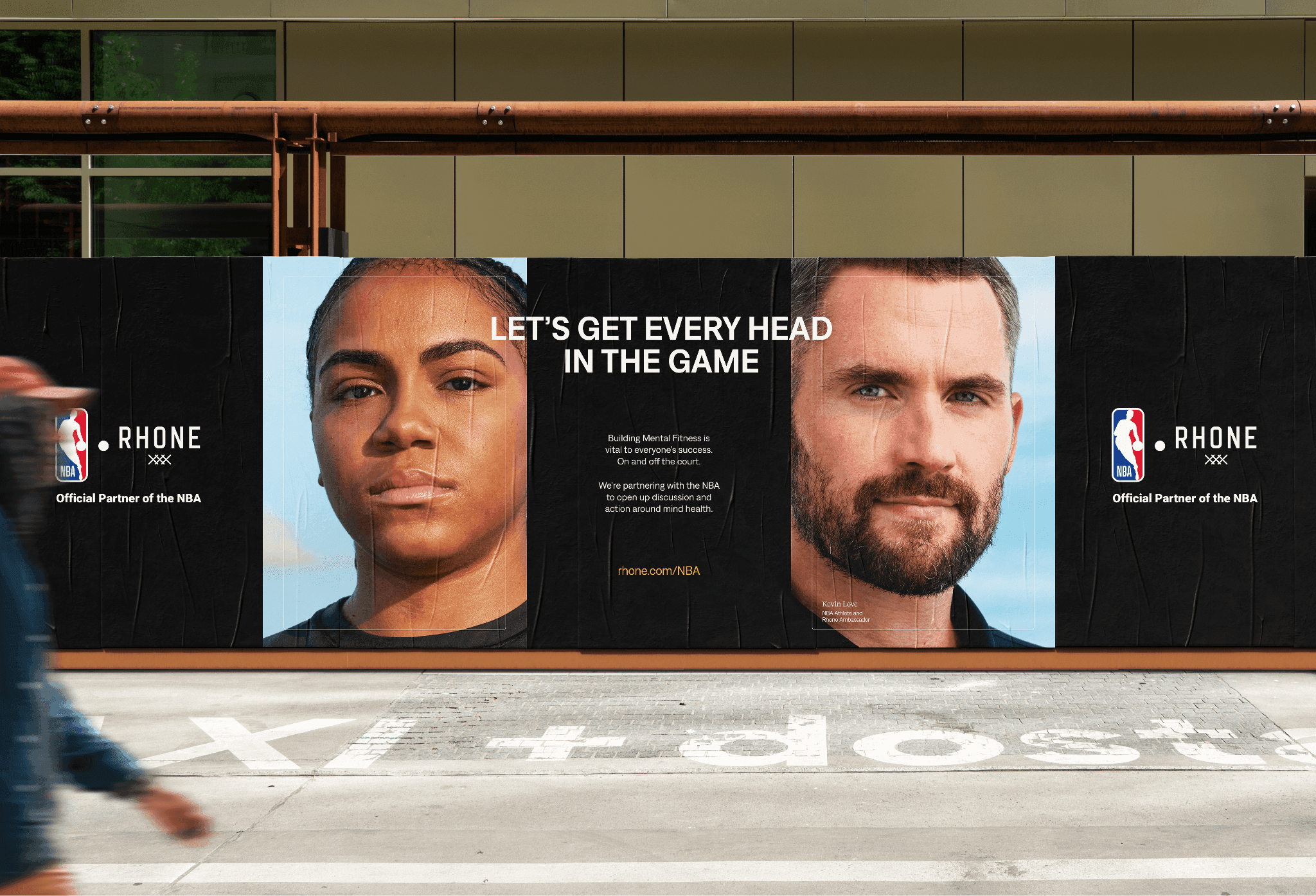A large outdoor billboard for Rhone apparel featuring portraits of two athletes.