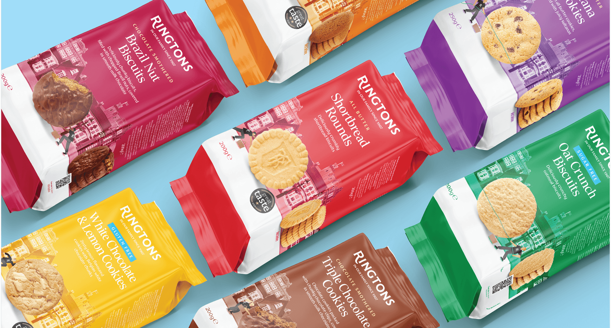 Colorful boxes of Ringtons biscuits and cookies arranged on a blue surface.