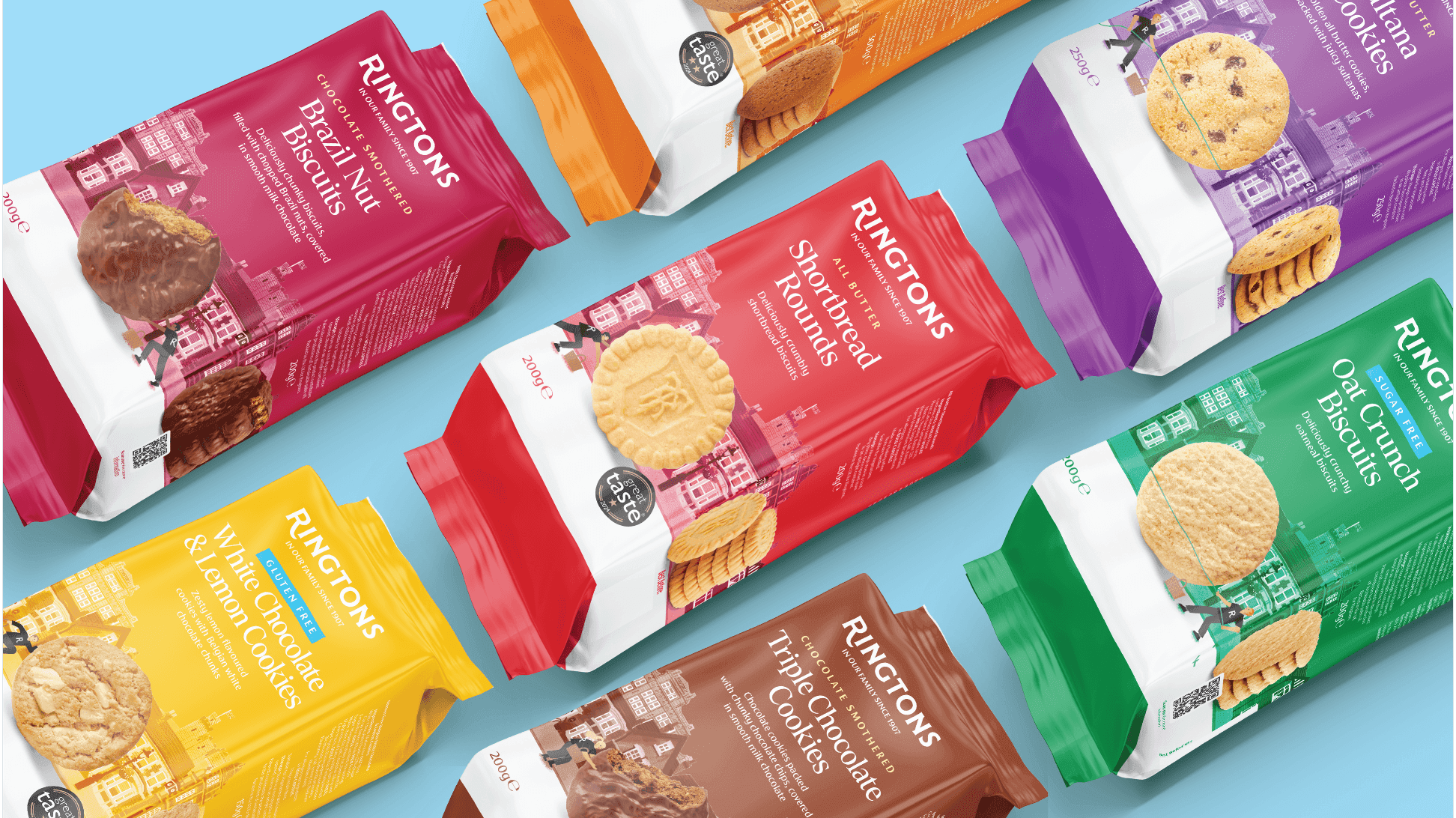 Flat lay of vibrant Ringtons biscuit packages including Brazil Nut, Shortbread, and Triple Chocolate cookies.