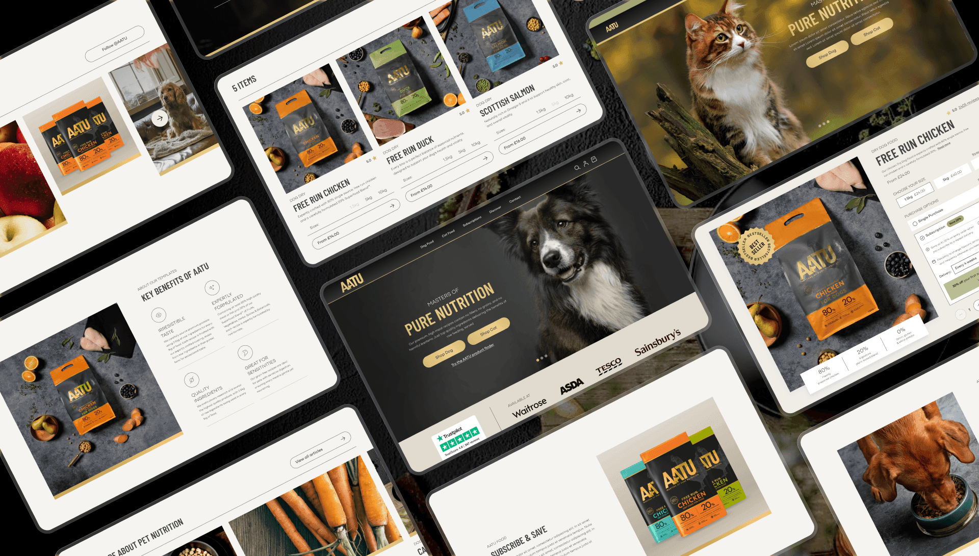 Collage of AATU pet food website screens showcasing product pages, shopping cart, and ingredient highlights.