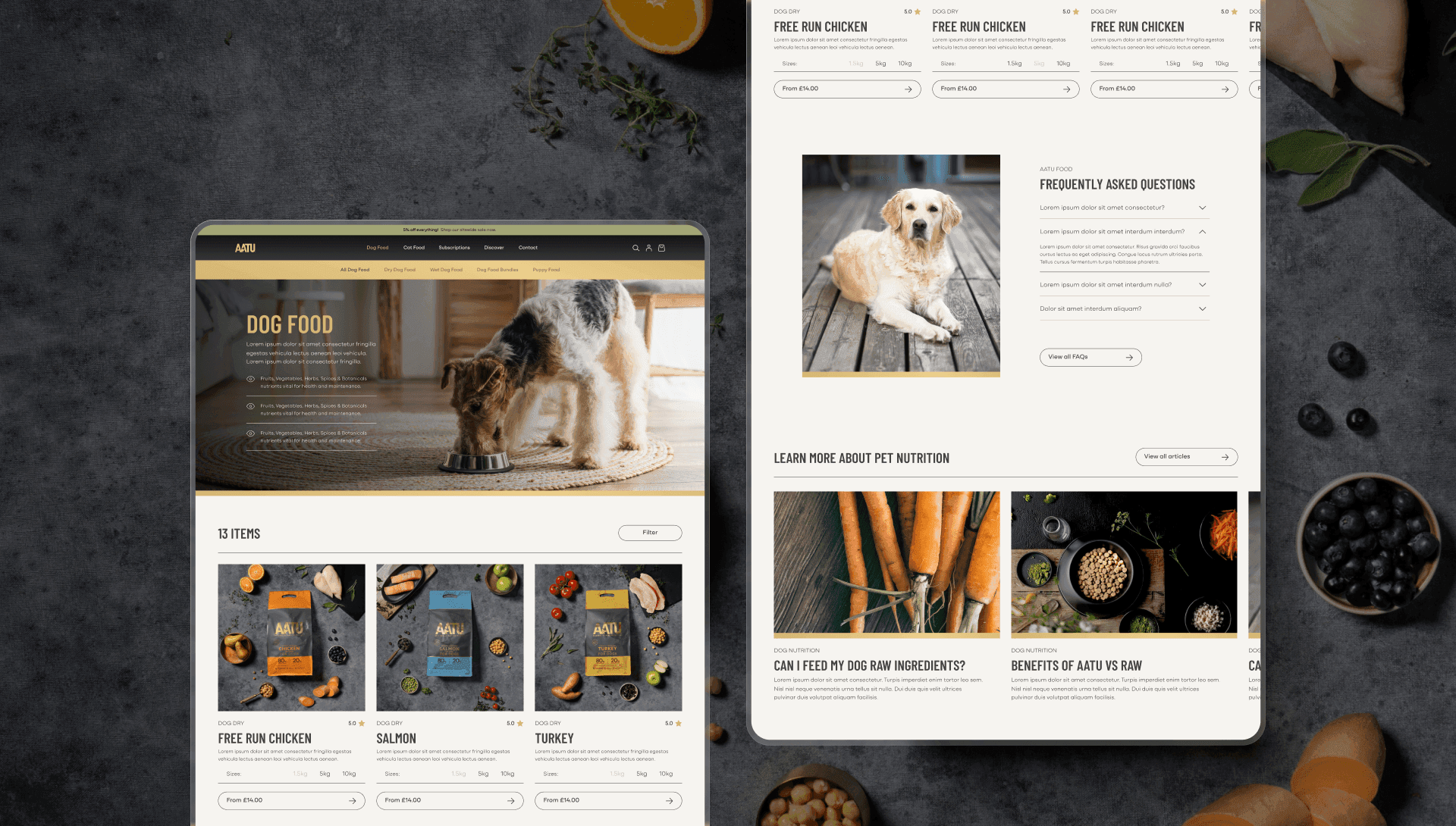 Desktop mockup of the AATU dog food website featuring product listings, dog photography, and nutrition information.