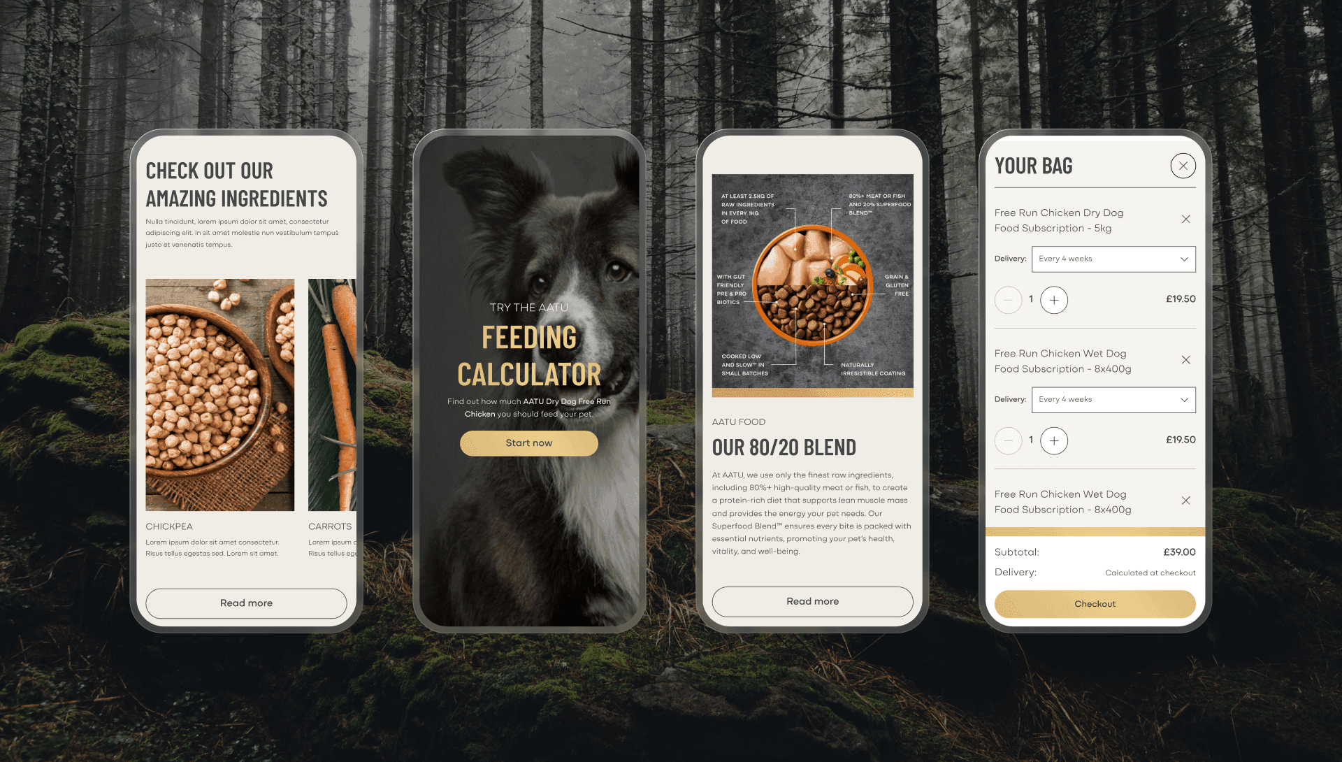 Four mobile screens of the AATU pet food website featuring ingredients, a feeding calculator, and shopping cart.