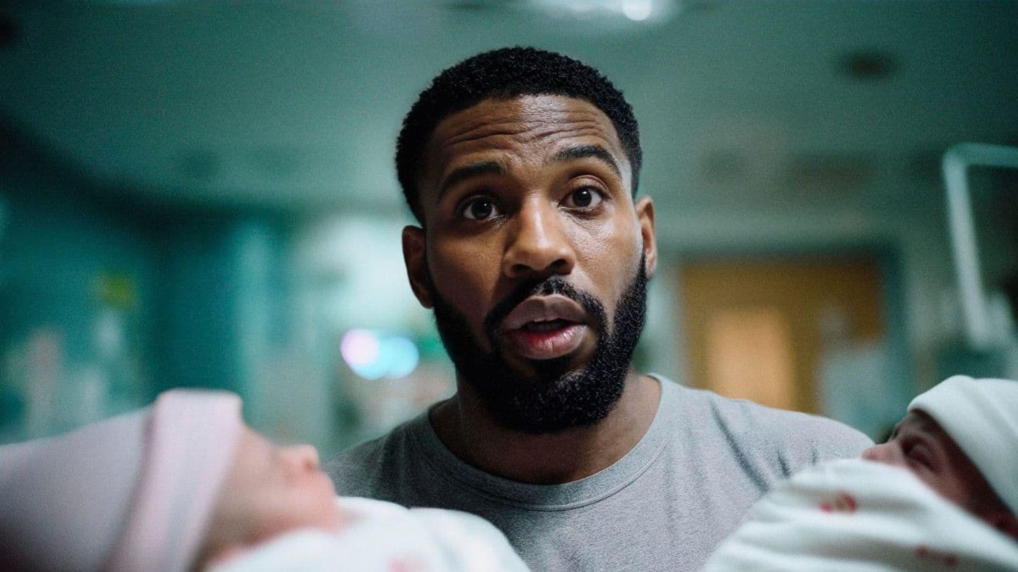 Close-up of a surprised man holding two newborn babies in a hospital setting for an AutoTrader campaign.