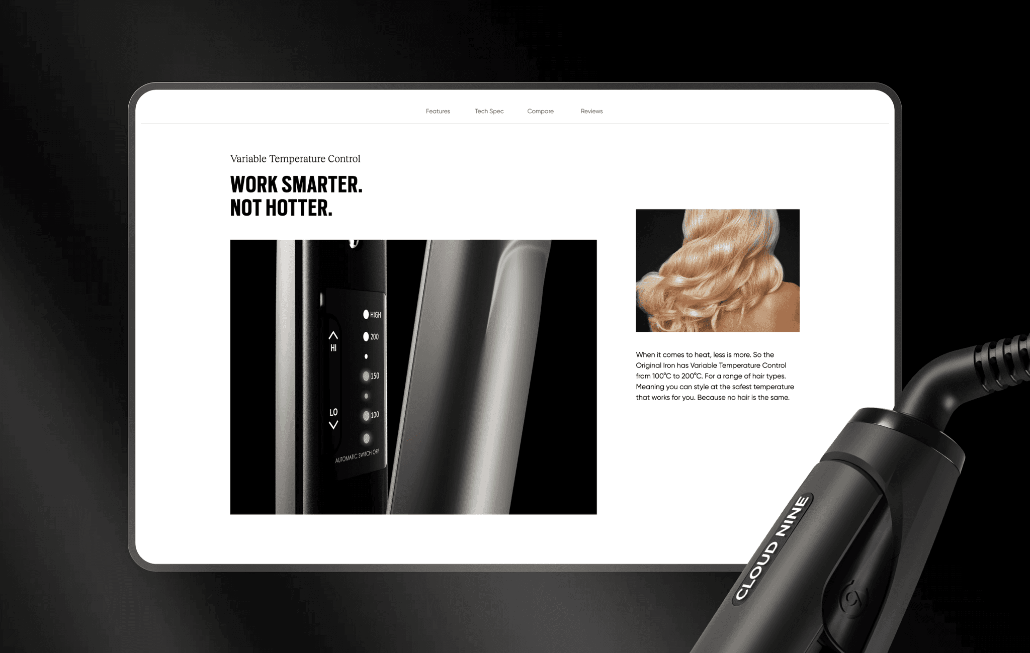 Digital display highlighting the superior heat technology and ceramic plates of Cloud Nine tools.