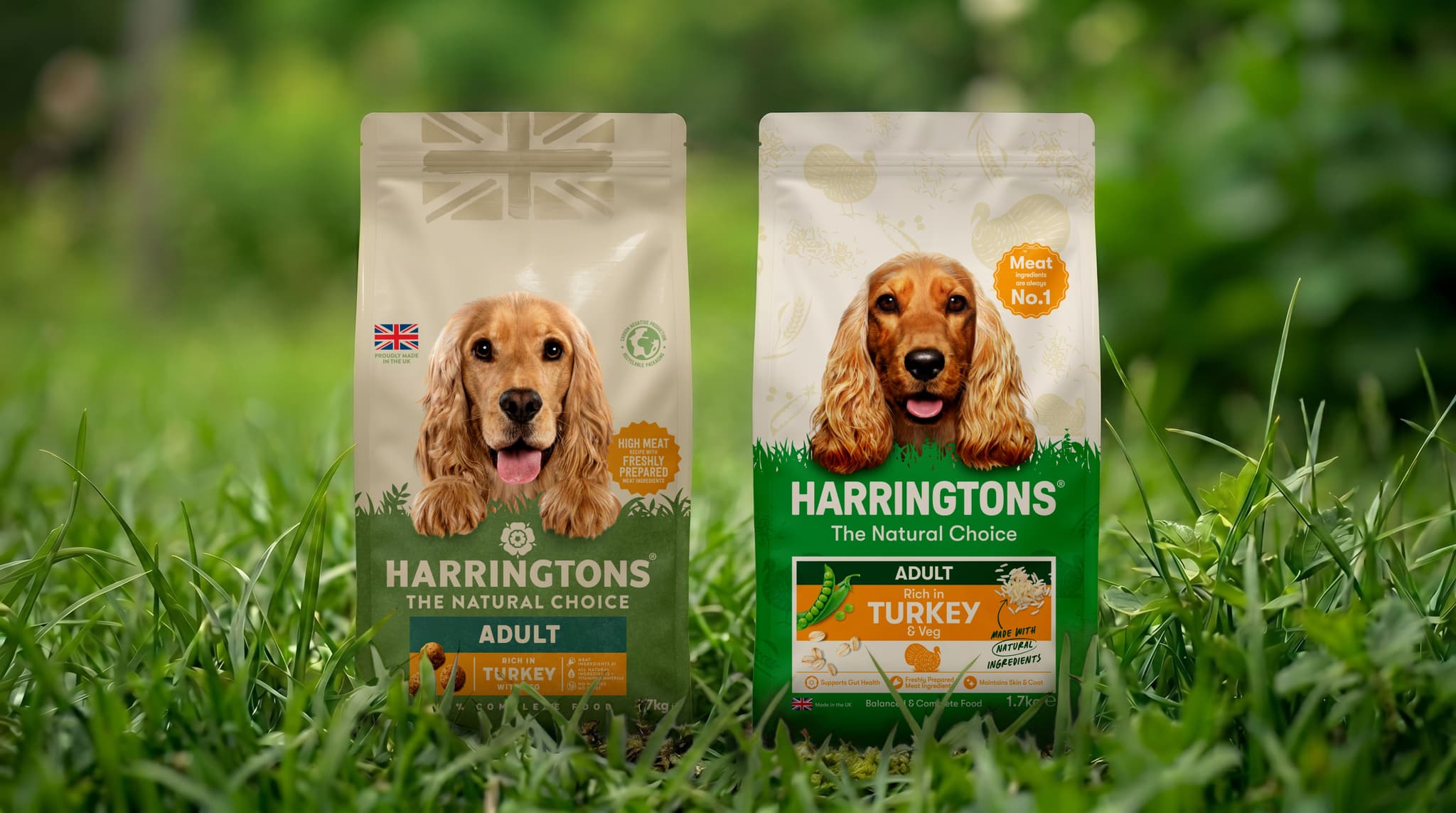 Before and after comparison of Harringtons Adult Rich in Turkey dog food packaging in tall grass.